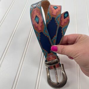 80's Vintage Western MILOR Aztec Hand Painted Genuine Leather Tooled Belt M/L